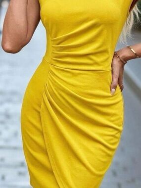 SHEIN Bright Yellow Ruched Midi Dress
